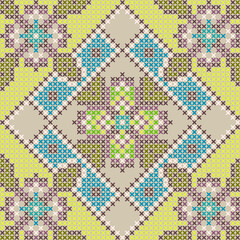 Floral Vintage Cross Stitch Green Tribal Seamless Pattern
