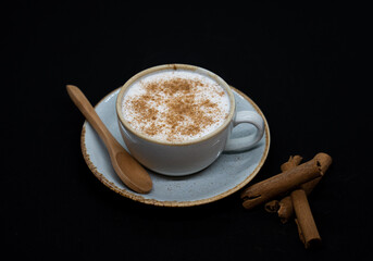 salep drink cafe cup art sahlep,
top view and cinnamon sahlep