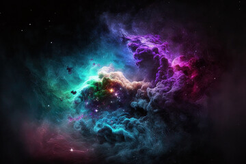 Obraz na płótnie Canvas On a dark background, colorful fractal nebula dust is seen. Generative AI