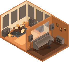 isometric music studio with equipment, vector illustration