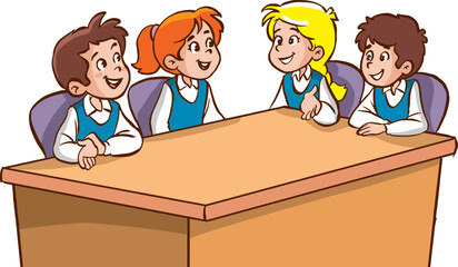 cute little students chatting at the table.students doing group work cartoon vector