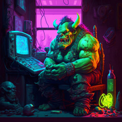 AN OGAR PLAYING VIDEOGAMES IN A NEON GLOW - obrazy, fototapety, plakaty
