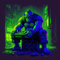 AN OGAR PLAYING VIDEOGAMES IN A NEON GLOW