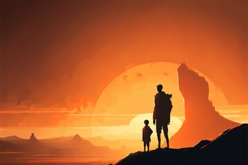 Silhouette of a father and son looking at the sunset from the mountain