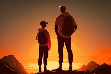 Silhouette of a father and son looking at the sunset from the mountain
