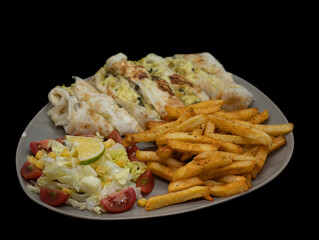 Pancake topping with chicken and cheese. traditional food. Chicken, mushroom and potato plate.