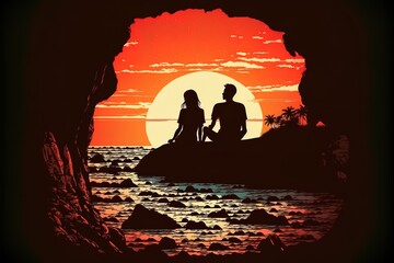 Silhouette of a couple looking at the sunset from a cliff