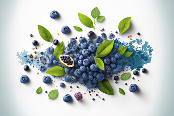 White backdrop with an illustration of a fresh blueberry in the foreground. Generative AI