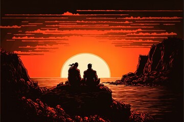 Silhouette of a couple looking at the sunset from a cliff