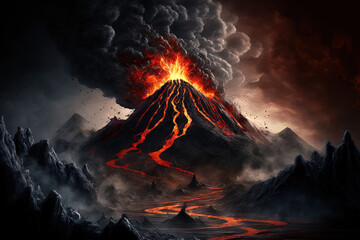 Apocalyptic volcanic scene including hot, pouring lava as well as clouds of smoke and ash. hazardous natural environment An active volcano eruption is depicted. Generative AI