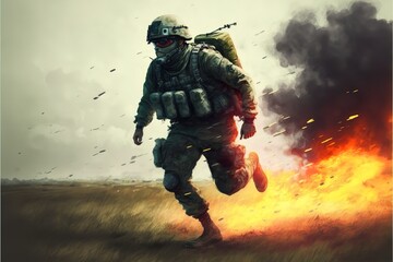 Obraz na płótnie Canvas A soldier runs across the battlefield