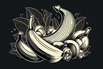 Bananas in line art. bunch of bananas, half peeled bananas, and a single banana. Generative AI