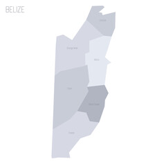 Belize political map of administrative divisions - districts. Grey vector map with labels.