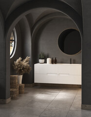 Interior of modern dark bathroom with black walls, wooden floor, dry plants, arches, white sink standing on wooden countertop and a oval mirror hanging above it. 3d rendering