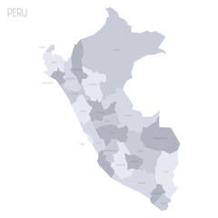 Peru political map of administrative divisions - departments. Grey vector map with labels.
