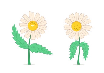 Chamomile flowers depicting the emotions of joy and sadness. Set of happy and sad icons. Vector cartoon illustration on white isolated background.