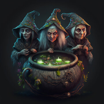 Three witches around a cauldron AI Generative	