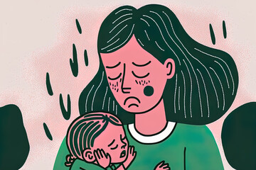 Concept of postpartum depression and difficult parenthood. Woman who is worn out, suffering from a headache, is clutching her small child while experiencing issues and restless nights. a single mother - obrazy, fototapety, plakaty