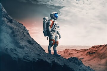 Spaceman stands on a rock