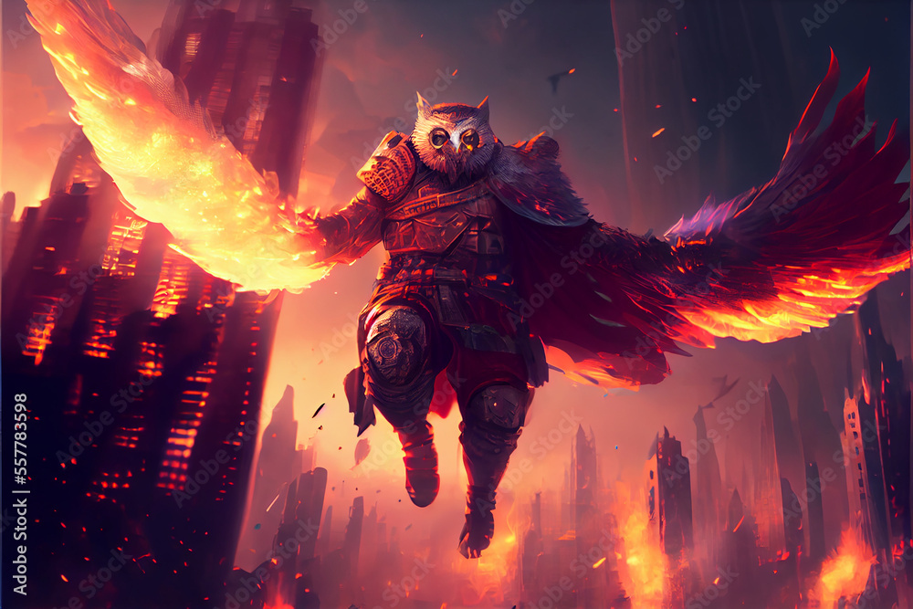 Sticker Man in a suit of owl armor hovering over the city on fire ai art