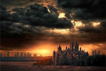 Fototapeta na wymiar The sun sets behind the dark silhouette of the castle