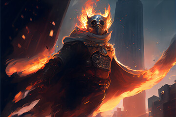 Man in a suit of owl armor hovering over the city on fire ai art