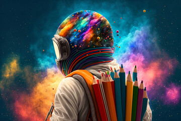 Child from the back dressed as an astronaut floating in outer space in a colorful universe, pencils and books. Generative AI