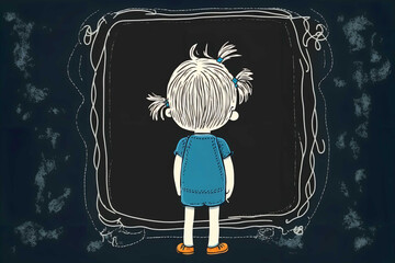 Child from the back drawn on a large blackboard in a bright and beautiful classroom. Generative AI