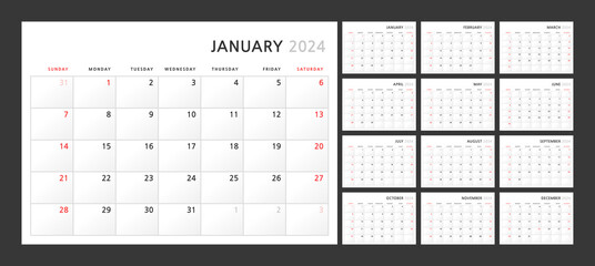 Wall quarterly calendar template for 2024 in a classic minimalist style. Week starts on Sunday. Set of 12 months. Corporate Planner Template. A4 format horizontal - obrazy, fototapety, plakaty