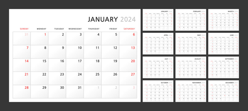 Wall quarterly calendar template for 2024 in a classic minimalist style. Week starts on Sunday. Set of 12 months. Corporate Planner Template. A4 format horizontal