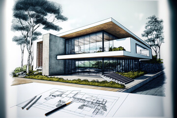 of a contemporary home and an architect's drawing. Generative AI