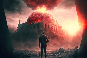 A man in the ruined world of the apocalypse - obrazy, fototapety, plakaty