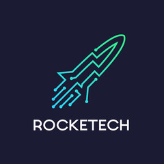 Rocket technology vector logo template. Digital graphic design. Green and blue. This logo is suitable for start up, industrial, website, dot icon, symbol, electric.