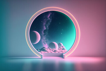circular glowing portal vignette on a pedestal with outer space and clouds