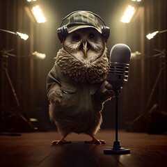 Swag owl wearing like a rapper sing with microphone, generative ai