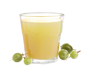 Tasty gooseberry juice in glass and fresh berries isolated on white