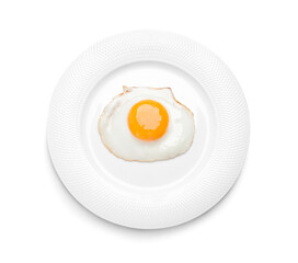 Plate with delicious fried egg isolated on white, top view