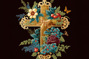 Catholic Christian cross with a flowery arrangement that honors Jesus. Generative AI