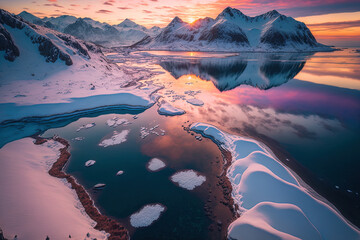 Aerial image of a sunset with snow capped mountains, a blue sea with icy shoreline, a reflection in the water, and pink clouds in the sky. Norway's Lofoten Islands. Winter scene with ice, a fjord, and