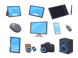 Different computer gadgets. vector illustrations isolate on white background. Gadget illustration, pen tablet, mouse, speaker and video camera