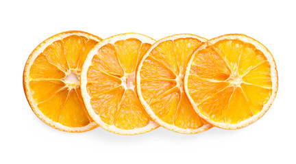 Delicious dry orange slices on white background, top view