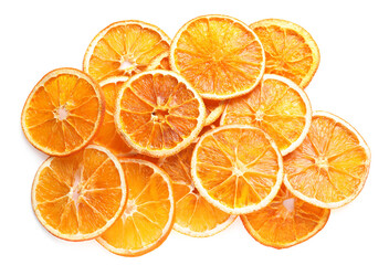 Delicious dry orange slices on white background, top view