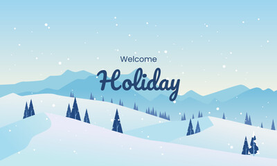 Vector illustration. Blue mountains winter snowy landscape with the text of welcome holiday and pines in the foreground