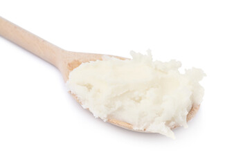 Wooden spoon with delicious pork lard isolated on white