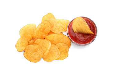 Delicious chips with ketchup isolated on white, top view