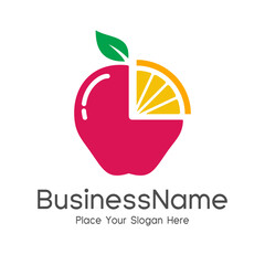 apple orange Health Food creative symbol layout. Nutrition and Diet logo design idea. Fruit and vegetable vector sign concept. Abstract shape with human spoon and fork figure in negative space