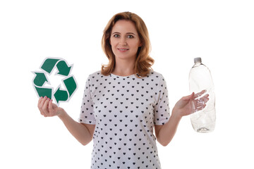 eco living and environment concept - smiling caucasian woman holding recycling symbol and empty a, isolated over white background