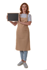 Full length waitress holding a chalk board. Beautiful woman in barista apron holding empty blackboard on white background isolated