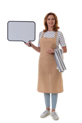 Full length waitress holding a chalk board. Beautiful woman in barista apron with towel holding empty white board on white background isolated