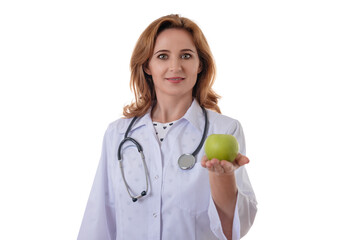 Attractive female doctor with a white coat smiling and holding an apple. Cheerful medical nutritionist recommending a healthy diet to a patient